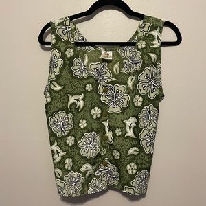 Rima Vintage Hawaiian Print Button Up Tank Top w/ Tie Belt